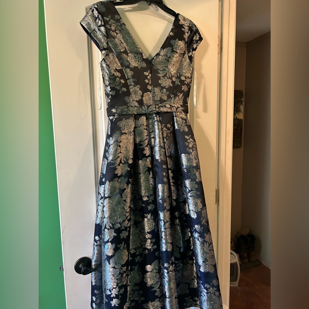 Formal gown, size small, navy blue dress with silver and blue flowers.